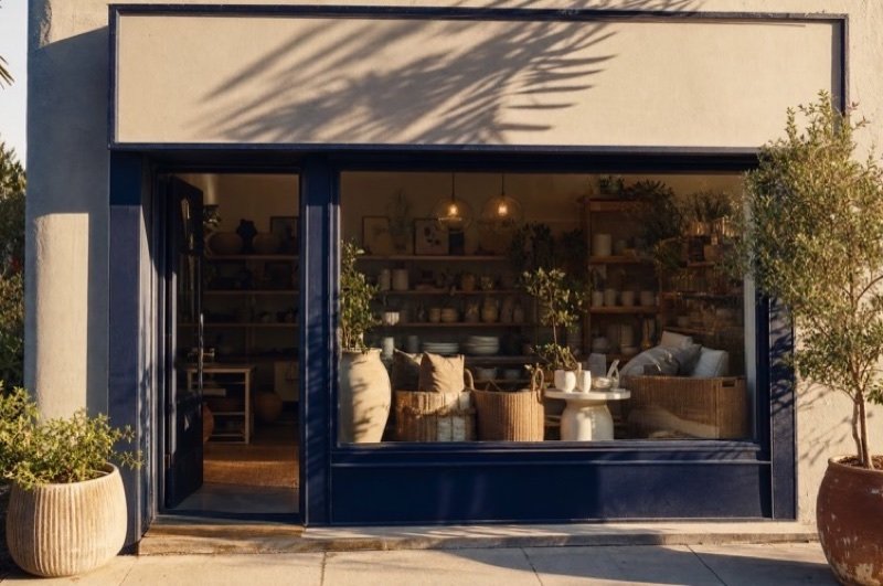 A small shop window stacked with ceramics, baskets and cushions, potted olive trees by the door