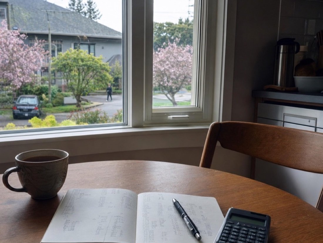 A cup of tea and a calculator rest by a notebook of pencil arithmetic as dawn light reaches the kitchen