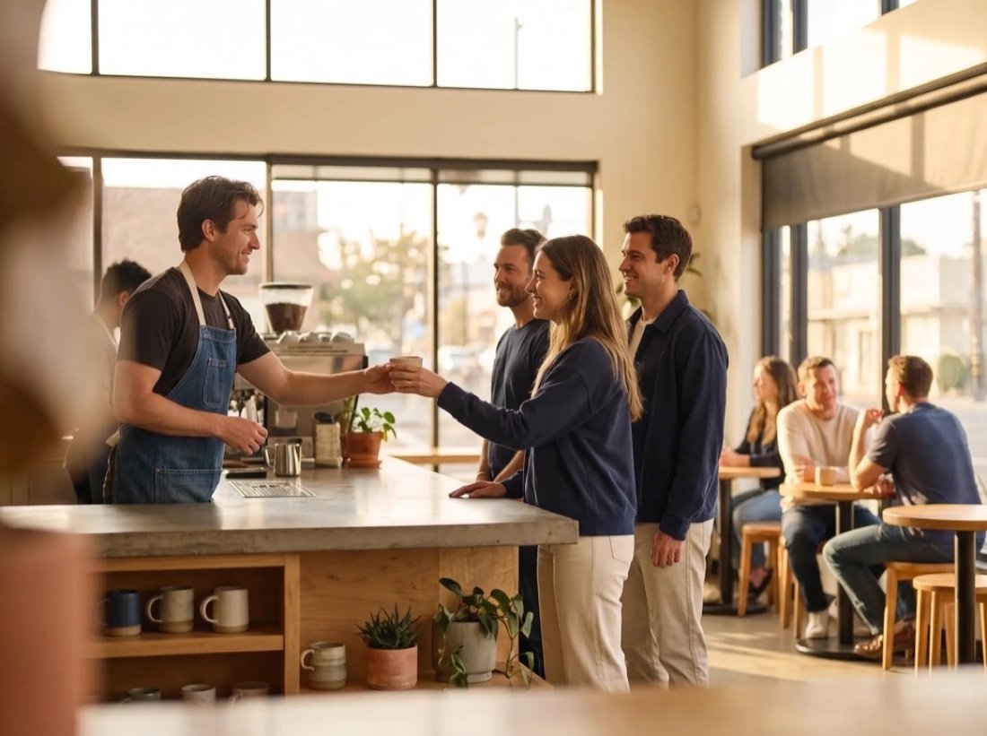 A barista passing a coffee over a concrete counter in a bright café, the kind of spot Culver City diners look up at lunch