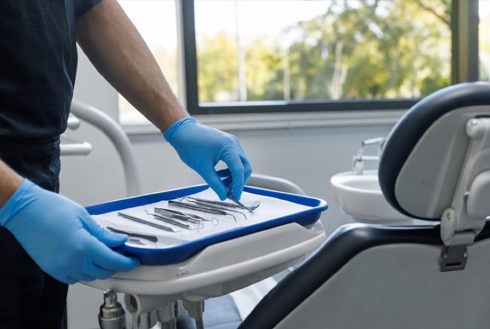 Close view of gloved hands arranging dental tools next to an exam chair before an appointment