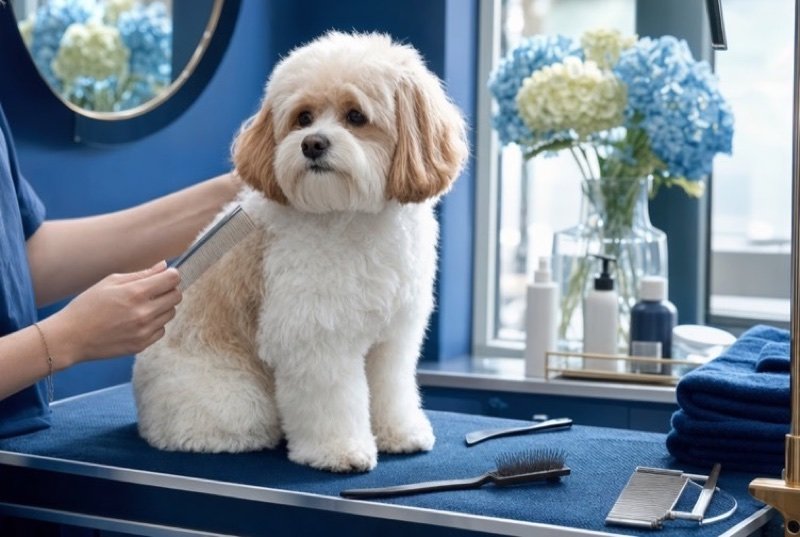 A groomer brushing a small fluffy dog on a grooming table, blue walls and a vase of hydrangeas behind