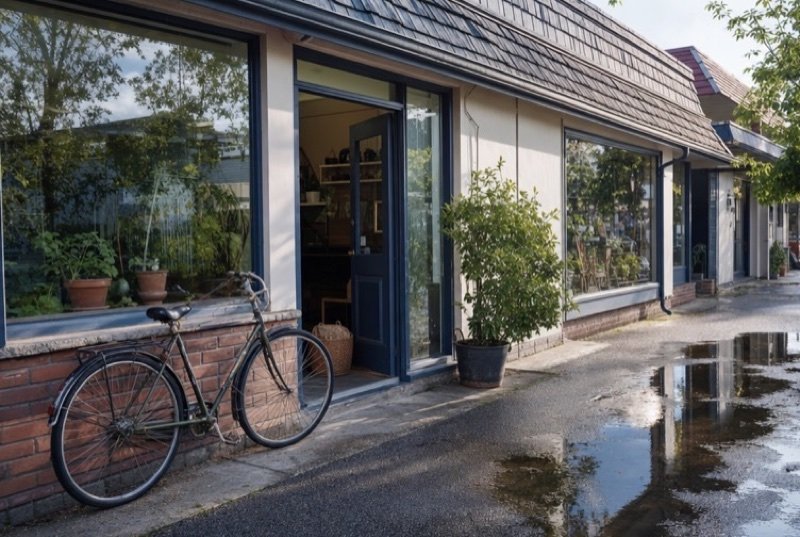 A small independent storefront facing a sunny open plaza