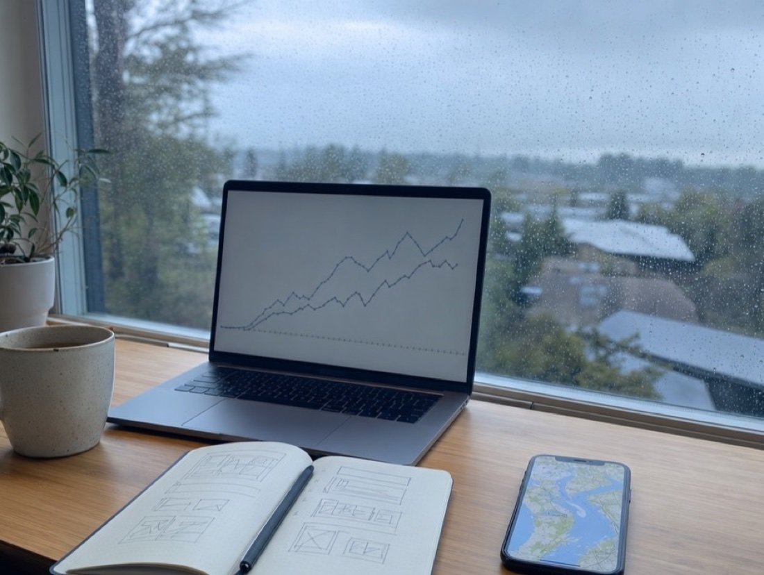 A laptop line chart and a phone map beside a sketchbook as rain runs down the window, like the reports our Culver City SEO services send