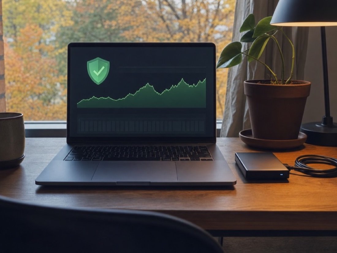 A laptop screen with a security shield and an uptime graph, an external backup drive beside it