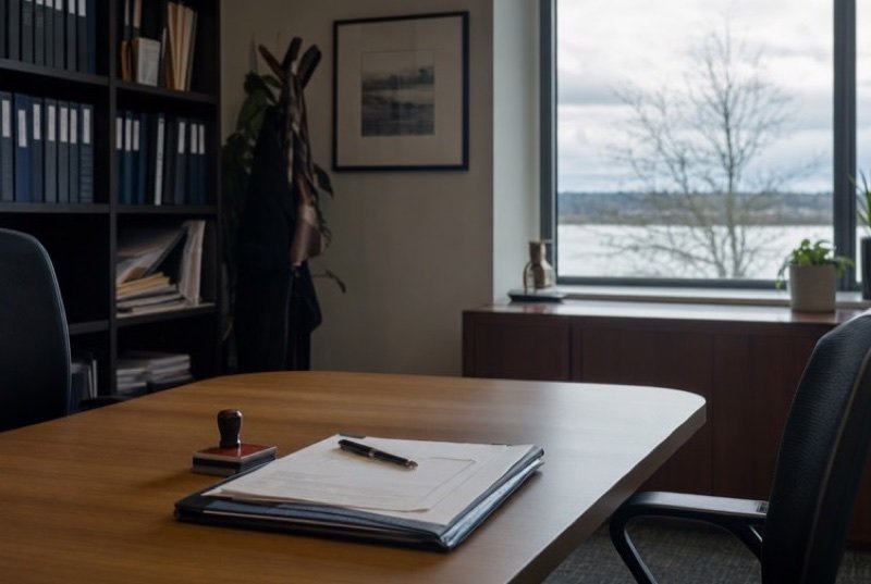 Stacked documents beside a pen and an ink stamp on a conference table, everyday tools of the legal industry