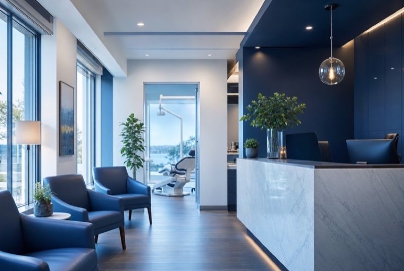 A bright, modern dental reception with a curved counter and a row of blue chairs