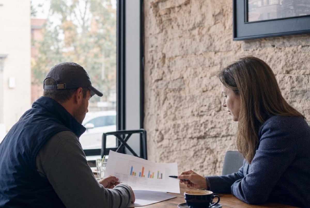 An advisor and an owner reading a printed report on SEO pricing and results over coffee, an old stone wall beside them