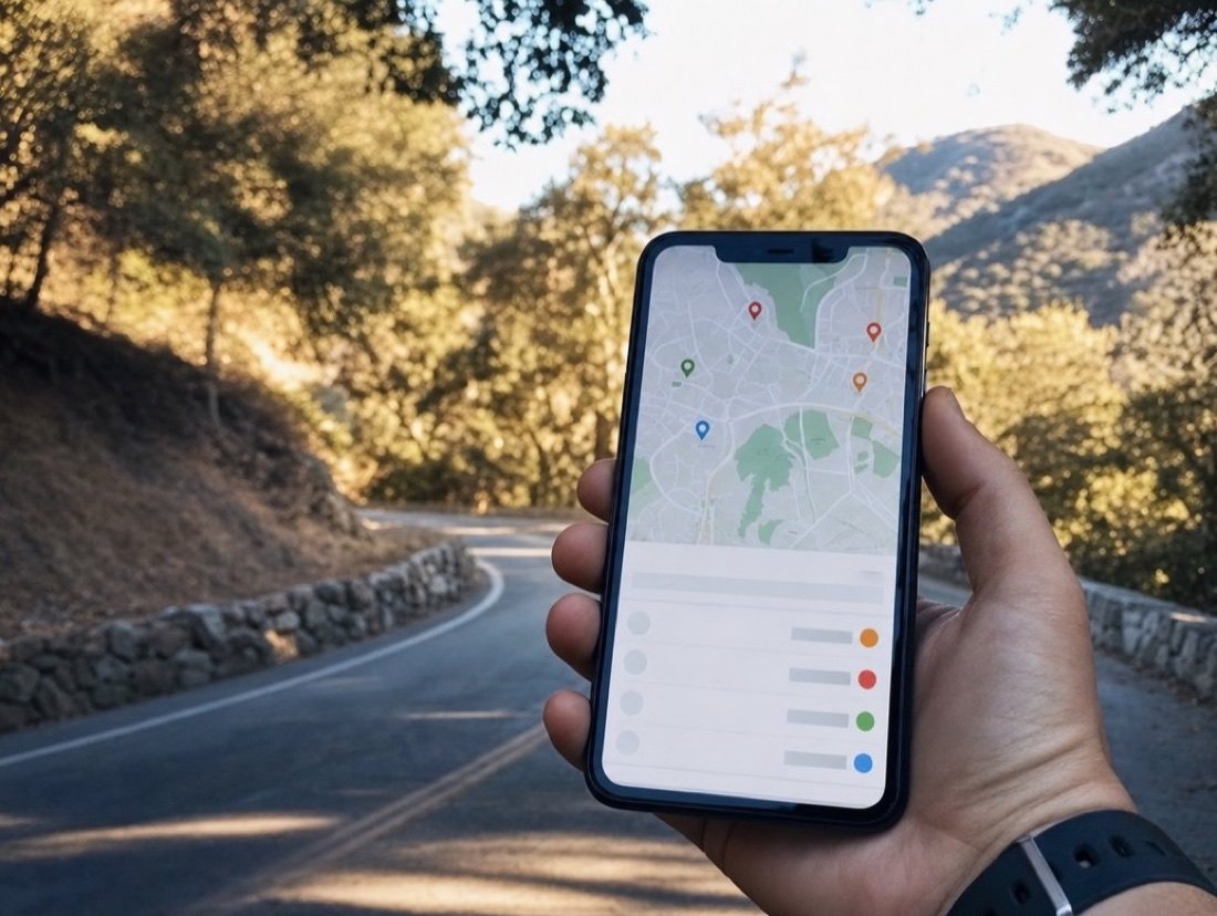 A smartphone held up to show map pins and a short list of nearby results, an oak-lined two-lane road blurred behind it