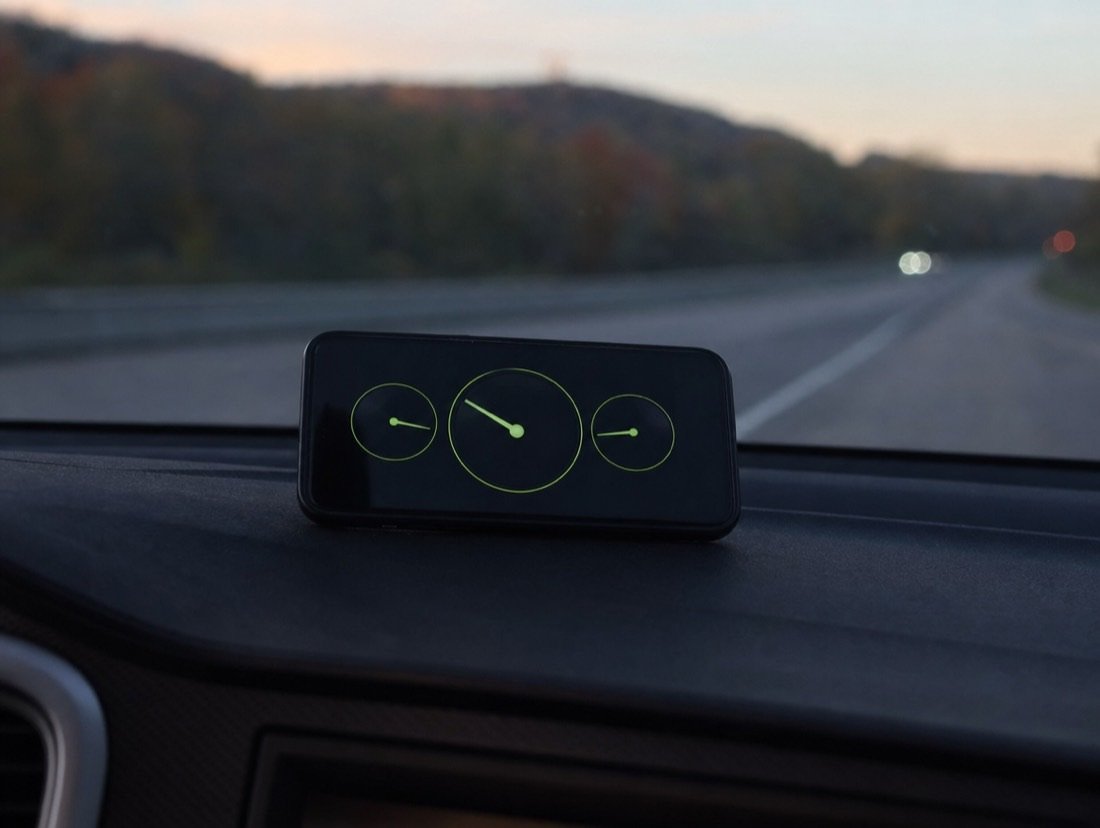 Three speed gauges on a phone clipped to a car dashboard during an evening drive