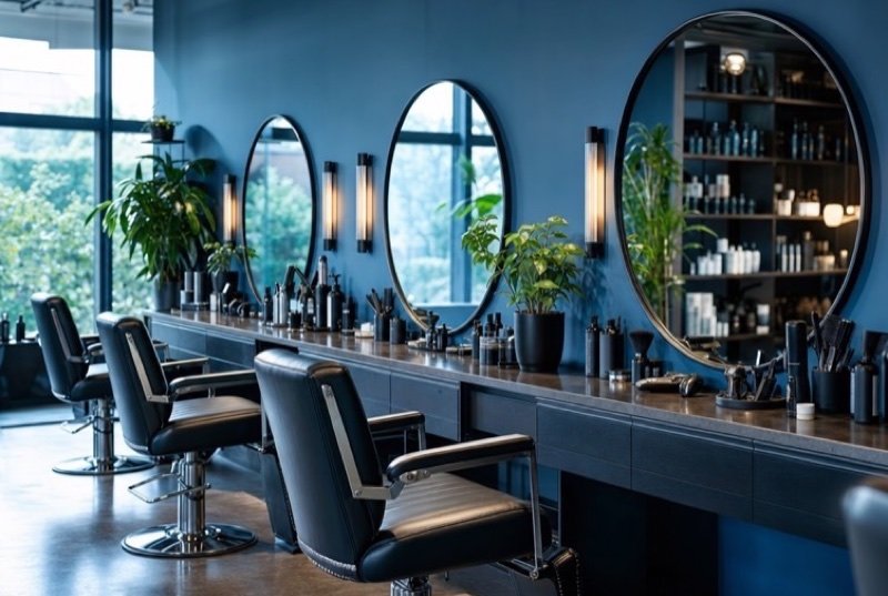 Styling chairs facing round mirrors in a hair salon painted blue, a typical beauty industry workplace