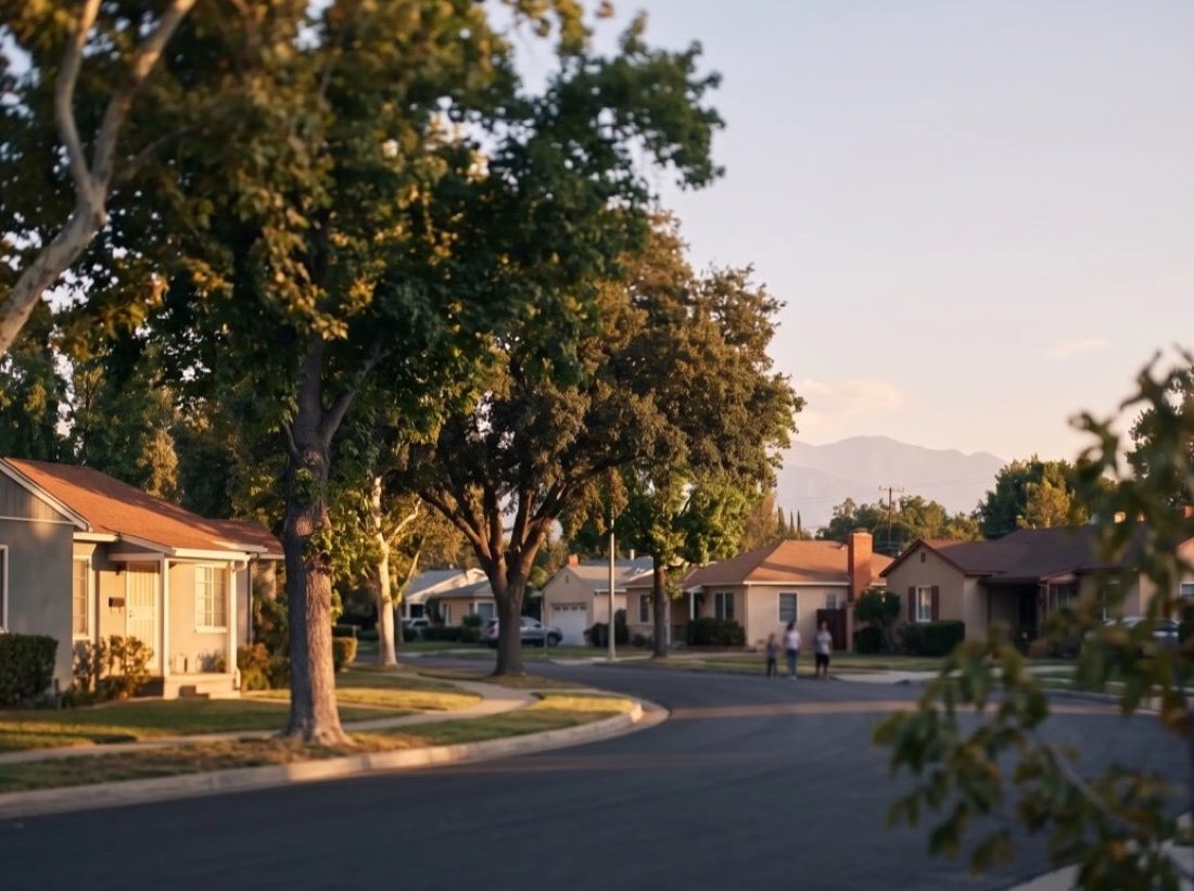 Single-story houses lining a quiet street beneath tall shade trees, a few people walking far off in golden evening light