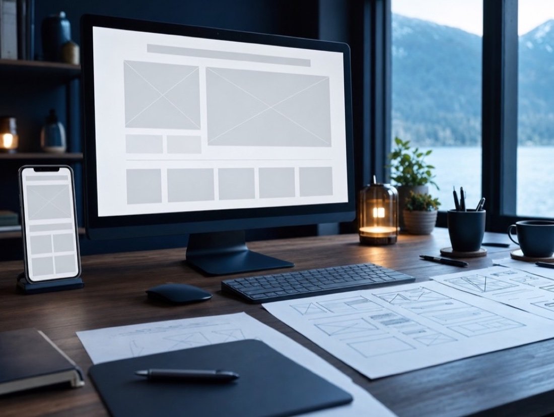 A website wireframe on a monitor and a phone beside paper page sketches, the planning stage of a Culver City studio site