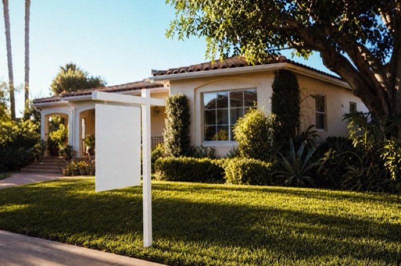 A cream stucco bungalow with a tile roof and green lawn, an empty sign post out front, palms and a shade tree behind