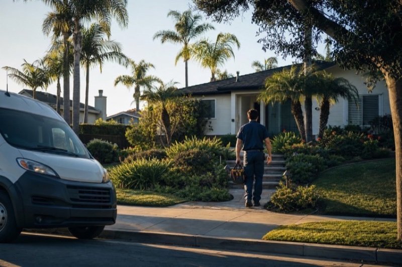 A home-service industry scene: a technician with a tool bag heading up the path to a single-story house, a white van at the curb