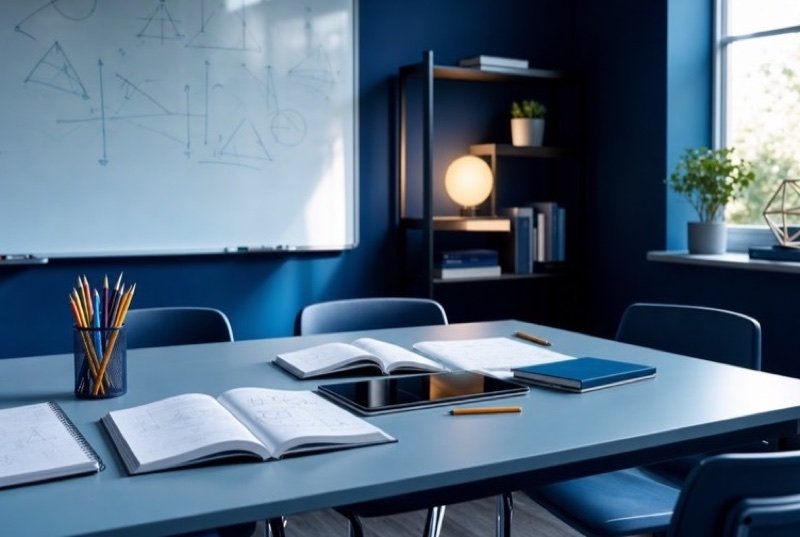 Open workbooks, a tablet and a cup of pencils on a table before a whiteboard of geometry sketches