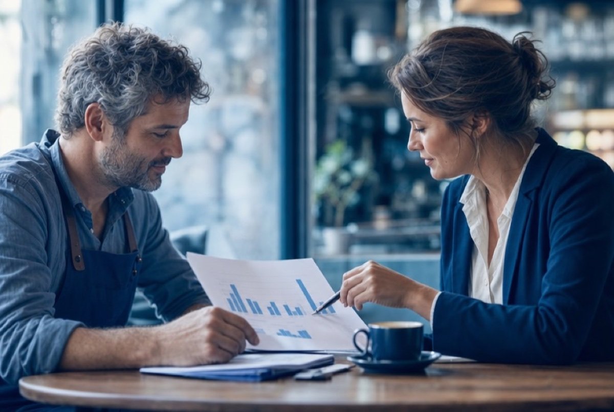 Two people at a café table looking over printed bar charts, the kind of plain report a Culver City SEO company should send