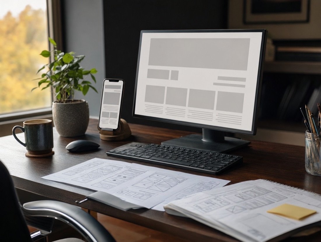 A website wireframe shown on a desktop monitor and a phone, with printed page layouts spread on the desk